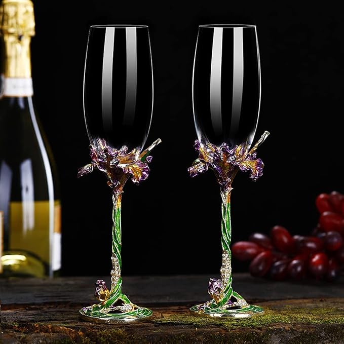 SUQ I OME Enamel Wine Crystal Champagne Flutes Glasses Set of 2, Decorative Enamel Champagne Glasses, Gifts for Brides and Grooms, Wedding, Valentine, Anniversary, Birthday