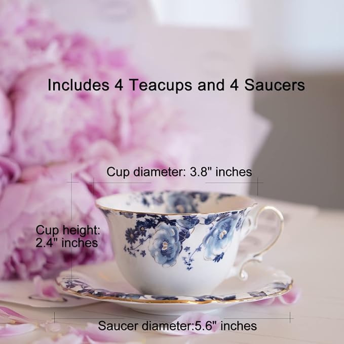 Ceramic Tea Cups Coffee Cup and Saucers Set of 4 (Blue and White)