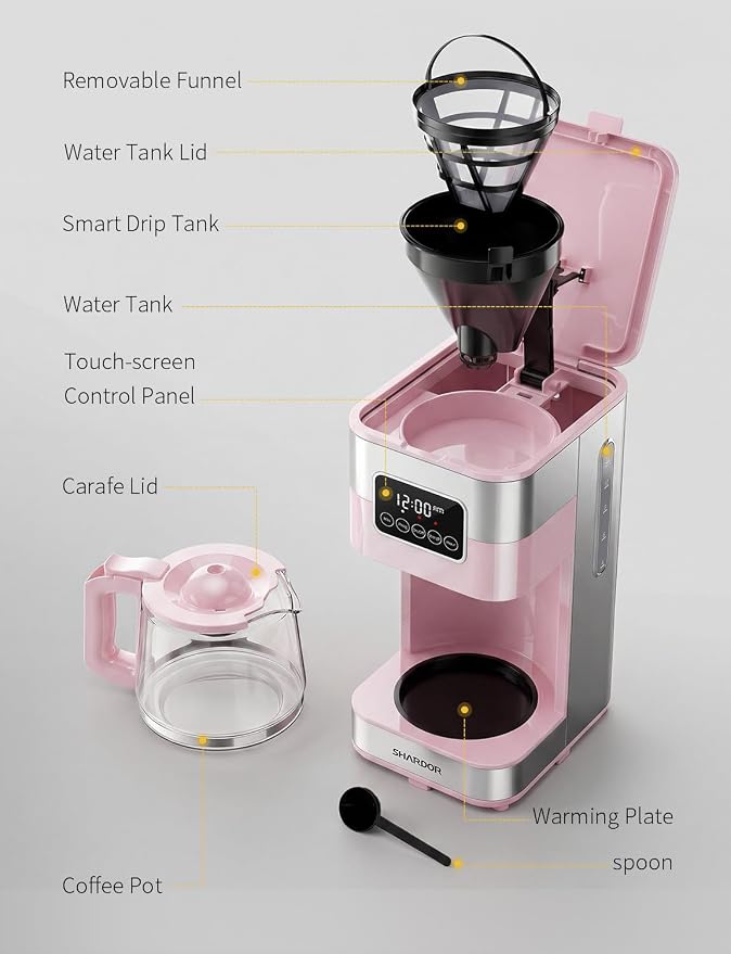 SHARDOR 10-Cup Programmable Coffee Maker, Regular & Strong Brew Drip Coffee Machine for Home and Office, Auto Shut Off, Permanent Filter (pink)