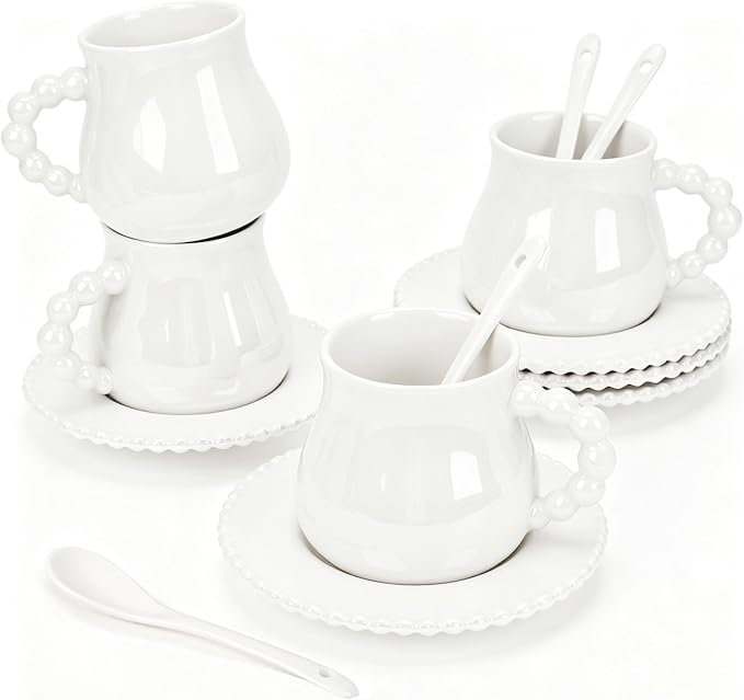 Cappuccino Cups Set of 4, 8 oz Ceramic Coffee Cup and Saucer Set with Spoons, Espresso Coffee Cup Mugs for Latte, Mocha, Tea, Au Lait, Flat White, Dishwasher & Microwave Safe