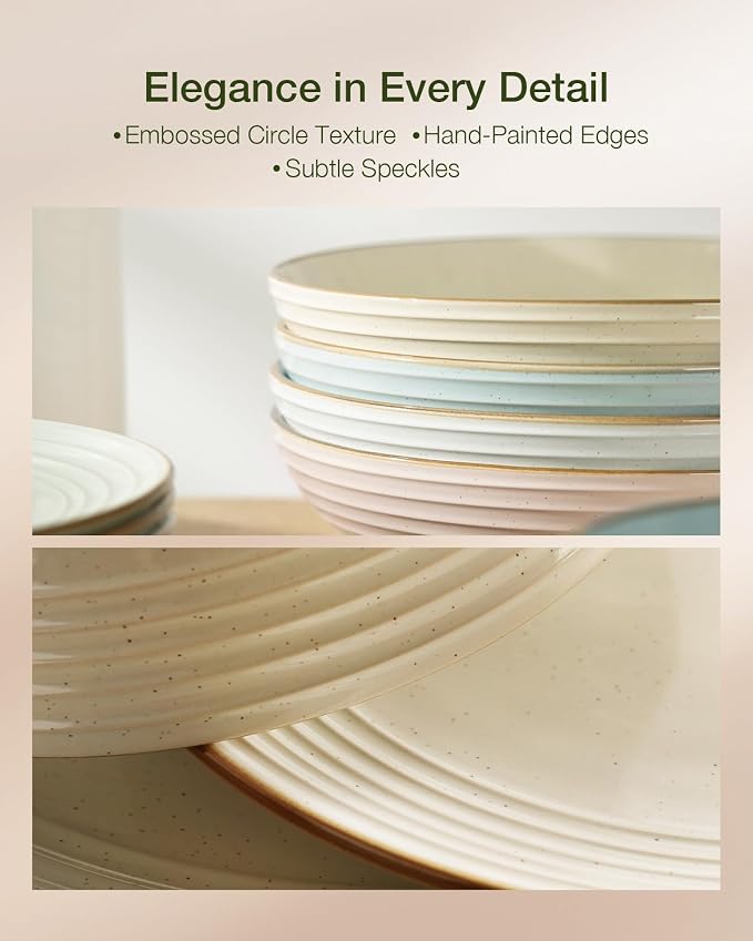 Famiware Jupiter 16-Piece Stoneware Dinnerware Set - Includes Pasta Bowl & Dinner Plate, Handcrafted Dishes with Speckles & Embossed Swirls, Chip & Scratch Resistant, Service for 4, Multi-color