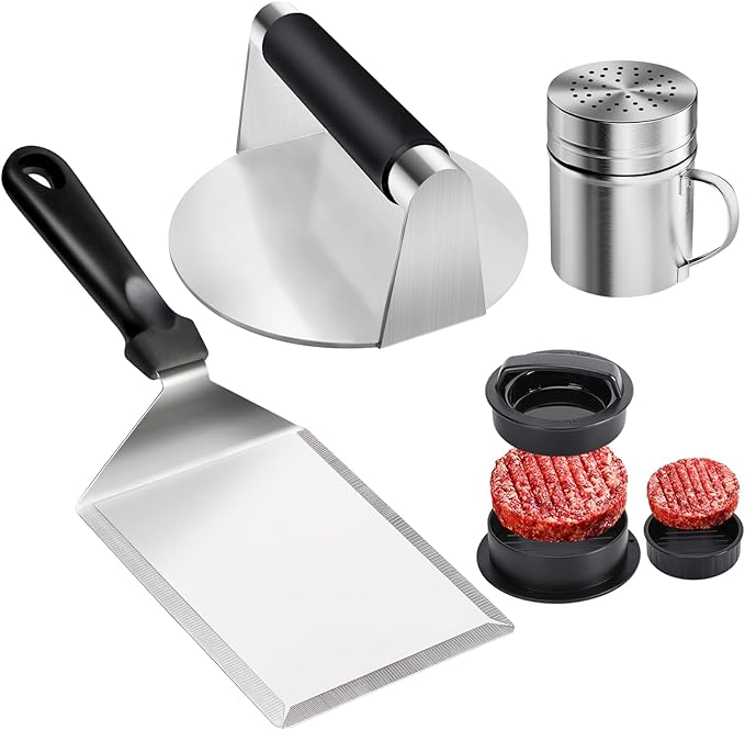 4PCS Grill Accessories for Blackstone, Stainless Steel Smash Burger Press Kit, Include Griddle Spatula, Bacon Press, Spice Dredge Shaker and Hamburger Press Patty Maker for Flat Top Cooking