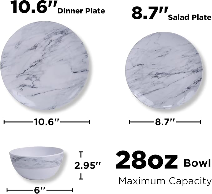 TP 12-Piece Melamine Dinnerware Sets, Plates and Bowls Dishes Set for 4, Break-Resistant & Non-Microwavable, Lightweight Dinner Plates, Marble Pattern