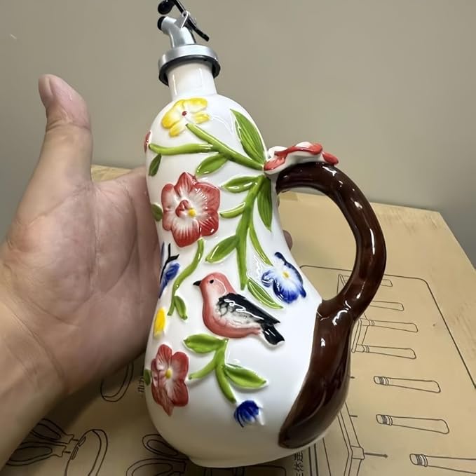 18.26oz/540ml Decorative Olive Oil Dispenser Bottle for Kitchen,Hand Painted Relief Ceramic Olive Oil Bottle,Ceramic Oil Container (Handmade Flowers)