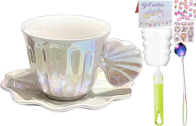 Pearl Shell Ceramic Coffee Mug with Shell Coaster Set for Tea Latte Milk Cute Cup with Saucer for Home Office Women Gift 6.5 oz (white S, 270 ml)