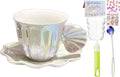 Pearl Shell Ceramic Coffee Mug with Shell Coaster Set for Tea Latte Milk Cute Cup with Saucer for Home Office Women Gift 6.5 oz (white S, 270 ml)