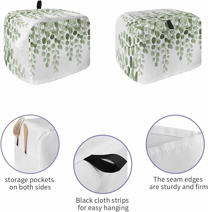 Sage Green Eucalyptus Leaves Toaster Cover 2 Slice, Spring Botanical Dustproof Bakeware Oven Protector with Top Hook, Country Waterproof Small Kitchen Appliance Toasters Dust Cover, 11"x6"x8"