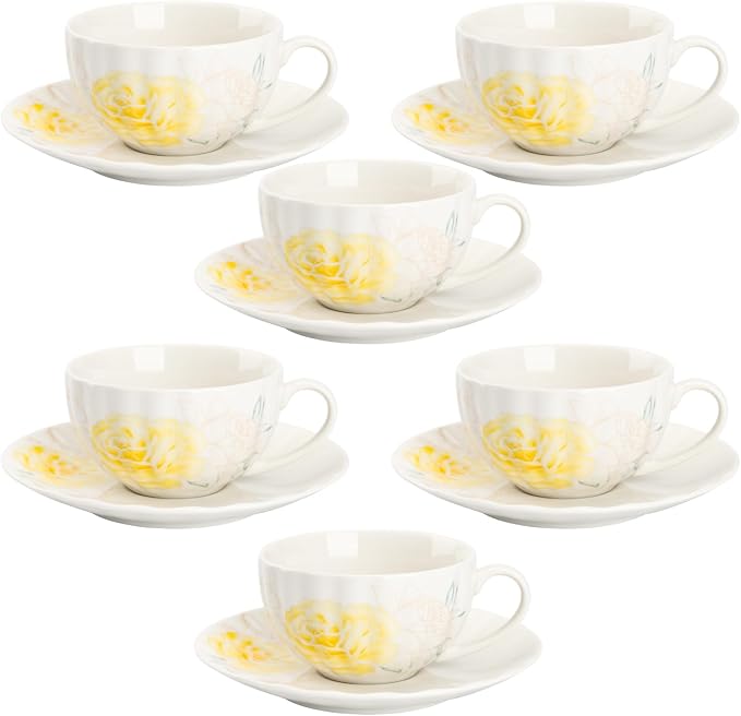 BTaT- Floral Tea Cups and Saucers Set, 7 oz, Set of 6, Porcelain Tea Cups with Saucers, Dishwasher Safe, Coffee Cup & Saucer for Women, Wedding Gift, Parties & Gifting