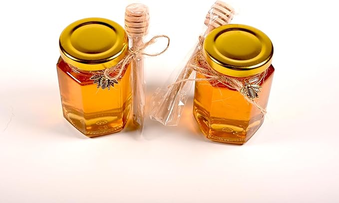 Adabocute Honey Pot, Glass Honey Jars with Wood Dipper, Gold Lid, Bee Charms, Gold Organza Bags, Thank-you Tags, Ideal for Bee Party Favors, 4oz/120ml 12 Pack