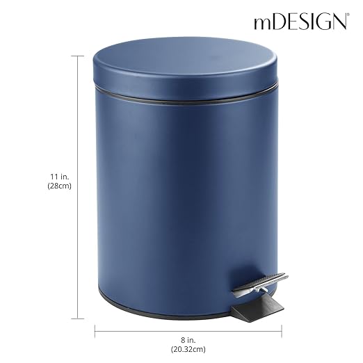mDesign Pedal Bin — Metal Waste Bin with Pedal, Lid and Plastic Bucket Insert — for Bathroom, Kitchen, and Office — 5 Litre Household Rubbish Bin with Ergonomic Design — Blue