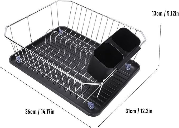 Asixxsix Dish Drying Rack, Anti Rust Coated Dish Drainer with Utensil Holder and Drainboard, Sink Organization and, 14" x 12" x 5" for Home and Apartment Decor (Silver)