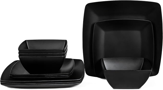 Melamine 12pcs Classic Square Dinnerware Set, Concise Plates and Bowls Set, Service for 4, Dishwasher Safe Black