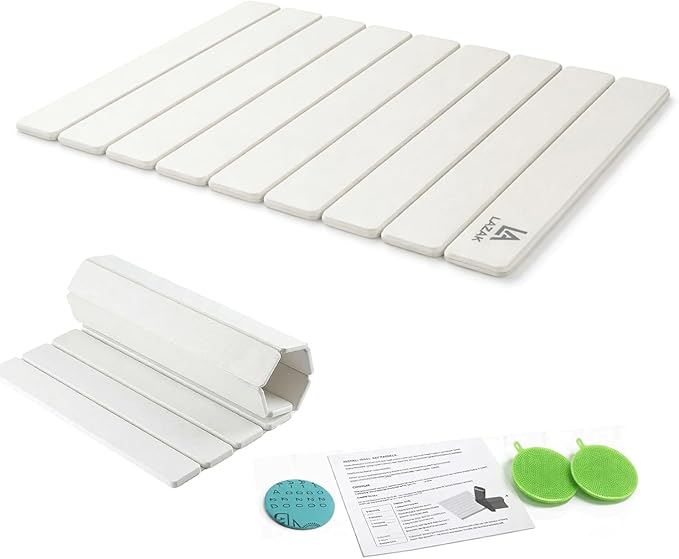 Foldable Diatomite Stone Drying Mat for Kitchen Counter, Fast Drying Dish Drying Mat, Stone Dish Drying Mat, Dish Mat Drying Kitchen Mat, Kitchen Drying Mat with 3 Silicone Dishwashing Brushes