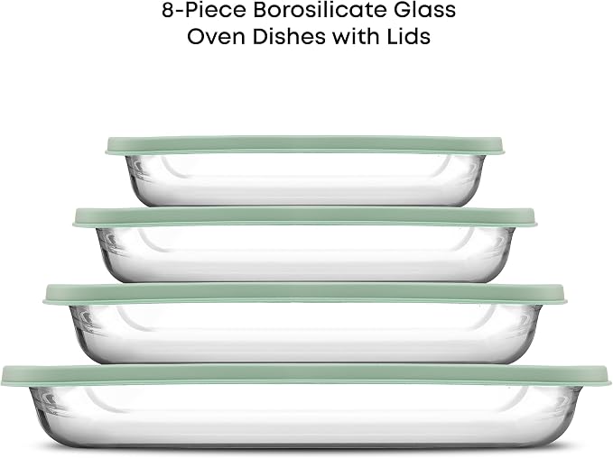 JoyJolt 8-Piece Borosilicate Glass Oven Dishes with Sage Green Lids, Rectangle Deep Glass Baking Dish Set, Baking Pans for Lasagna Casserole Cake, Bakeware Set, Freezer to Oven Tray to Dishwasher