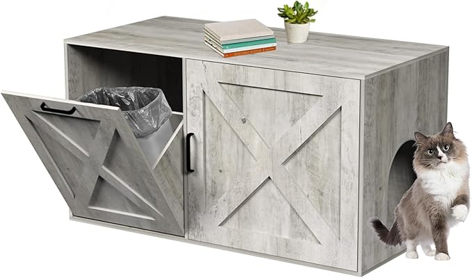 Cat Litter Box Enclosure Furniture with Storage Compartment, Hidden Litter Box Cabinet with Dedicated Space for Trash Can for Living Room, Bedroom, 35.4 x 19.4 x 17.7 Inches，Taupe