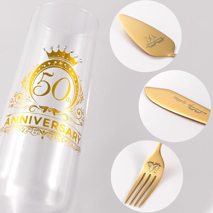 50th Wedding Anniversary Champagne Flutes Gifts, 50th Anniversary Decorations Gold Cake Cutting Set for Wedding Anniversary 50th Gifts for Parents