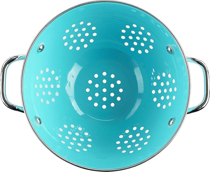 Reston Lloyd Calypso Basics Extra Large Enameled Colander with Solid Base, Strainer Basket with Handles, for Pasta, Berries, Vegetables, Fruit, 7 Quart, Turquoise ( 224oz/ 6.6 L)