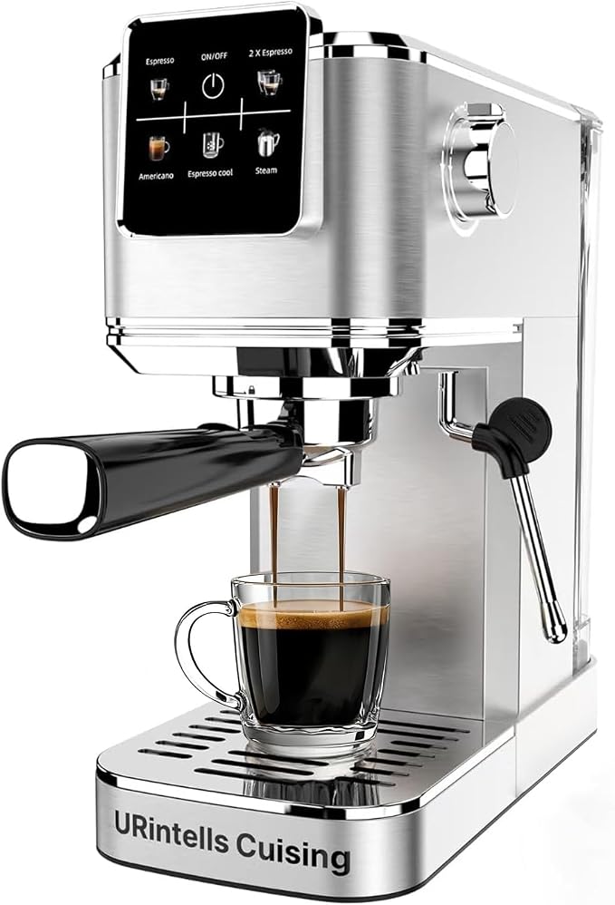URintells Cuising Espresso Machine 20 Bar,Touch Screen Espresso Maker with Steam Milk Frother,Stainless Steel Coffee Machine for Cappuccino Latte Americano Cold Brew,1350W Fast Heat Up System,Silver
