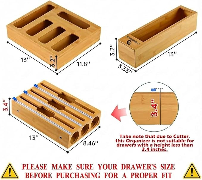 9-in-1 bamboo storage bag rack with cutter, suitable for kitchen drawer and wall storage, compatible with gallons, quarts, aluminum foil and cling film, sandwich, snack Bags