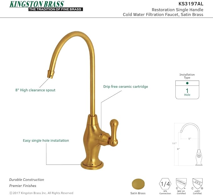 Kingston Brass KS3197AL 1/4 Turn Water Filtration Faucet, Brushed Brass