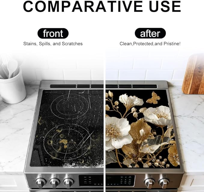 Stove Top Cover for Electric Stove 28.4 x 20.5 Inch Non Slip Stove Mat Oil Proof White Gold Floral Glass Cooktop Protector Kitchen Counter Mat