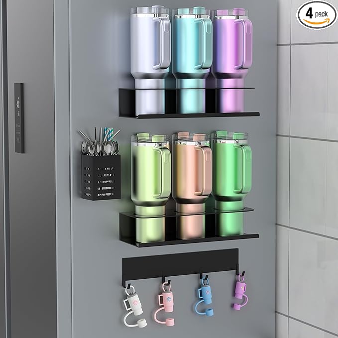 POLRAI 4 Pack Magnetic Cup Holder for Refrigerator, Water Bottle Organizer for Stanley and Tumbler, Accessory with Lid Hook Straw Holder and Double Sided Tape for Kitchen Fridge Cabinet
