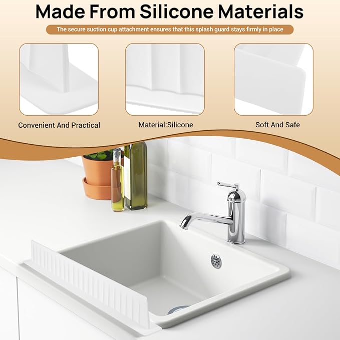 Silicone Sink Splash Guard for Kitchen Edge, 20 Inch Long Water Barrier with Strong Suction Cups, White Dish Washing Baffle for Countertop, Wet Clothes Protector for Island & Bathroom, Reusa