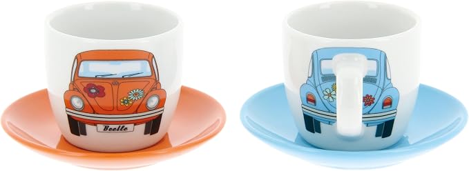 BRISA VW Collection - Volkswagen Espresso Cups Coffee-Tea-Cappuccino Set in Beetle Design (Beetle Front/100ml/3.4 fl oz) (Set of 2 (light blue, orange))