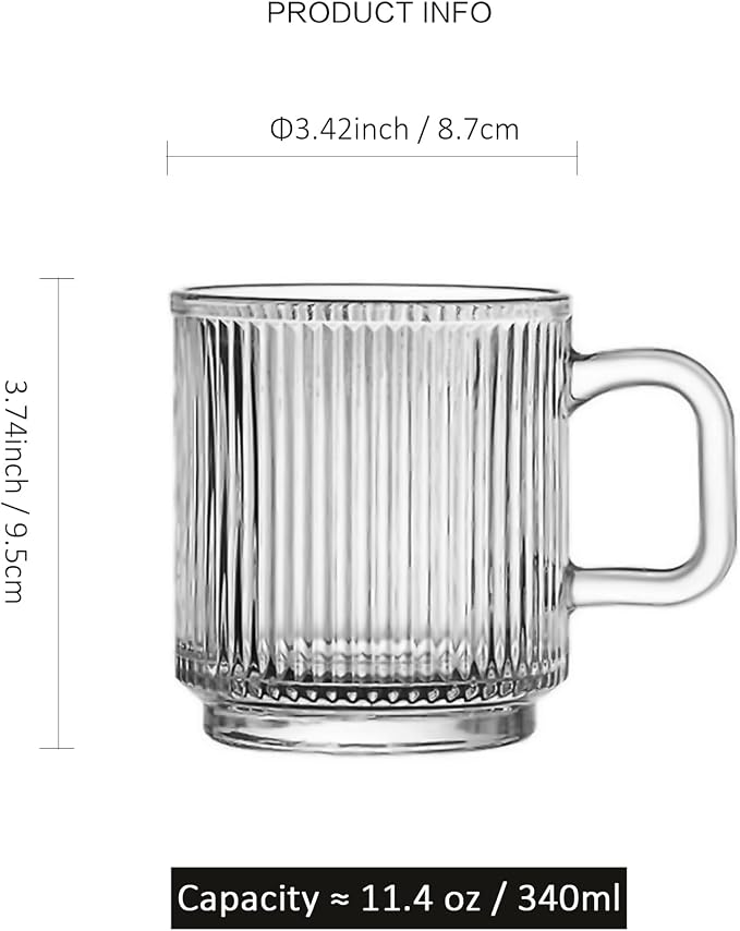 Glass Coffee Mugs 6 Pack - 12 OZ Premium Coffee Cups with Handles - Classic Vertical Stripes Transparent Tea Cup Set for Hot Cold Beverages