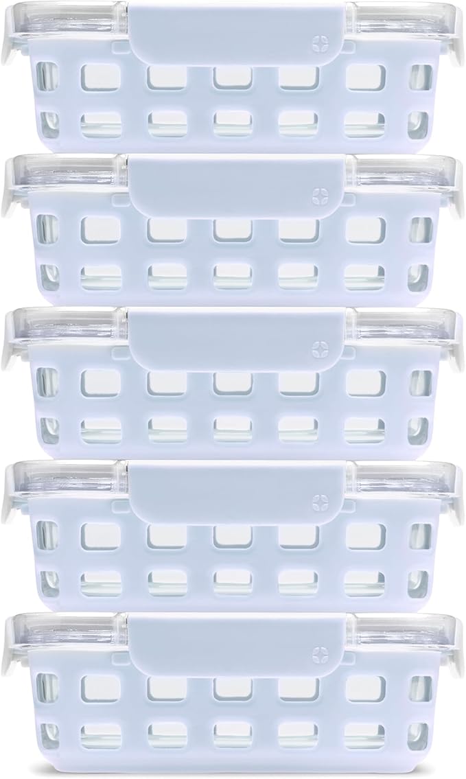 Ello Duraglass 3.4 Cup Meal Prep Sets 10Pc, 5 Pack Set- Glass Food Storage Container with Silicone Sleeve and Airtight BPA-Free Plastic Lids, Dishwasher, Microwave, and Freezer Safe, Halogen Blue