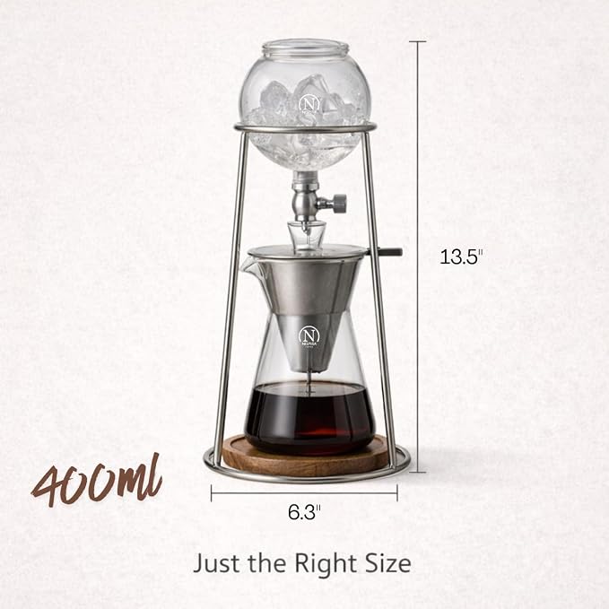 Nispira Iced Coffee Cold Brew Drip Coffee Maker Stainless Steal, 400mL, Borosilicate Glass
