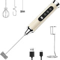 YUSWKO Milk Frother Wand for Coffee with Stand, Coffee Frother Handheld | Rechargeable Drink Mixer Wand, Waterproof Electric Whisk for Protein Powder, Lattes, 3 Variable Speeds 3 Whisks, Beige