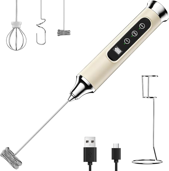 YUSWKO Milk Frother Wand for Coffee with Stand, Coffee Frother Handheld | Rechargeable Drink Mixer Wand, Waterproof Electric Whisk for Protein Powder, Lattes, 3 Variable Speeds 3 Whisks, Beige