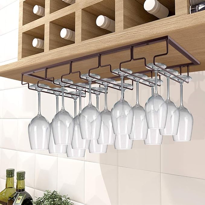 MOCOUM Wine Glasses Rack Under Cabinet Stemware Rack, Wine Glass Hanger Rack Wire Wine Glass Holder Storage Hanger for Cabinet Kitchen Bar (Brown, 5 Rows 1 Pack)