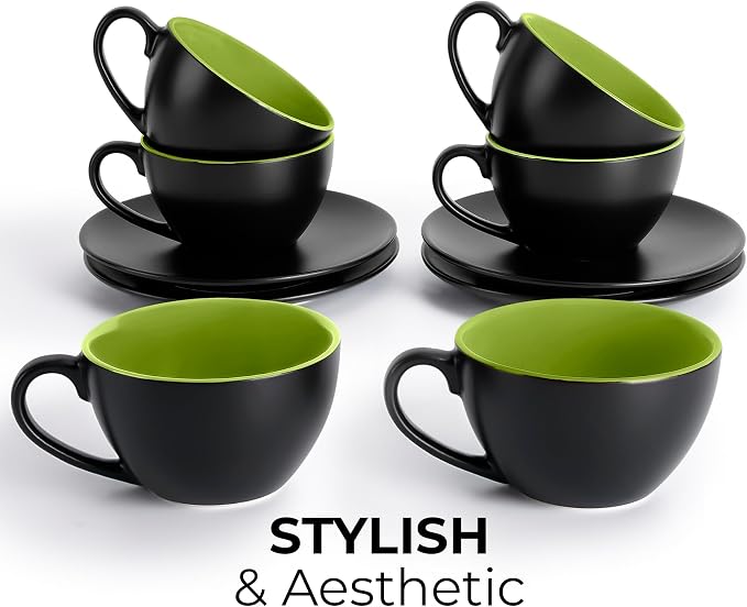 MIAMIO - Set of 6, Ceramic Stackable Cappuccino Cups Set / 6 Ounce Cappuccino Mugs and Saucer with Metal Stand for Coffee Drinks, Cafe, Latte, Americano and Tea - Le Papillon Collection (Green)