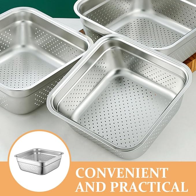 Kichvoe Stainless Steel Square Colander 8.27 Inch Vegetable Washing Basin Large Capacity Kitchen Strainer for Fruit and Vegetable Drainage