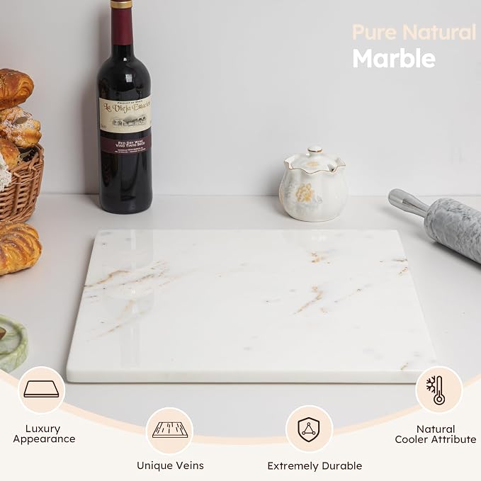 Diflart Natural Marble Stone Cutting Board for Kitchen, 16x20 Inch, White with Gold Veins, Marble Slab Pastry Board Large with Non-Slip Feet for Baking, Cheese, Charcuterie, Chocolate, Pack of 1 Pcs