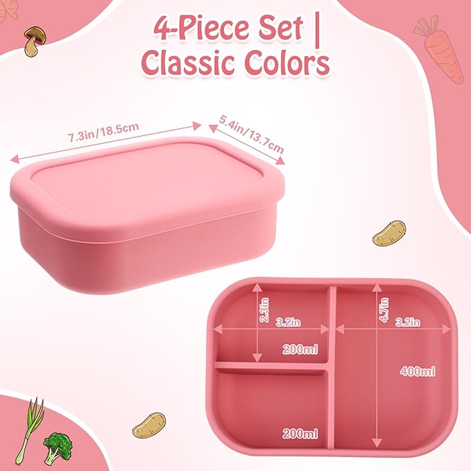 Honeydak 4 Pcs Silicone Bento Box for Adults, 3 Compartment Lunchable Food Container for Women Men, Leak Proof Microwave Dishwasher Freezer Safe (Red)