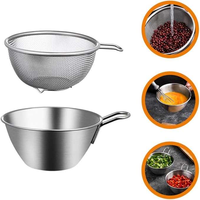 BESTonZON 1set Stainless Steel Rice Rinser Strainer with Handle Fine Mesh Sieve Drainer for Kitchen Use for Washing Rice Fruits and Vegetables and Easy to Clean
