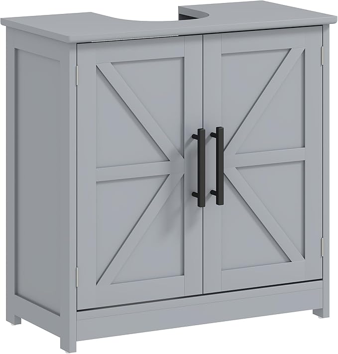 HOMCOM Pedestal Sink Storage Cabinet, Farmhouse Freestanding Bathroom Sink Cabinet with 2 Barn Doors and Adjustable Shelf, Dark Gray