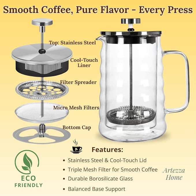 Large Wavy Glass French Press Coffee Maker 34oz – Double-Wall Borosilicate Coffee Press with Stainless Steel Filter – Manual Coffee Brewer & Tea Press – 1 Litre Glass French Press