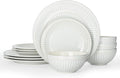 Famiware Garden 12-Piece Embossed Plates and Bowls Sets, Stoneware Reactive Glaze Dishes Dinnerware Set, Modern Rustic, Chip & Scratch Resistant, Microwave & Dishwasher Safe, Service for 4, White
