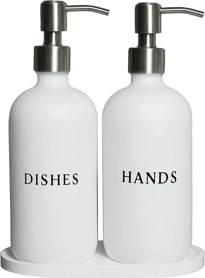 Glass Hand and Dish Soap Dispenser Set with Bamboo Tray – 16 oz Kitchen Soap Dispenser Set, Stainless Steel Pumps, Silicone Funnel – Modern Farmhouse Kitchen Sink Decor and Accessories
