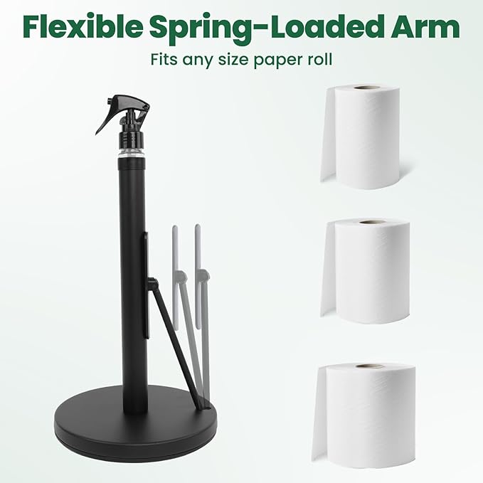 Paper Towel Holder with Spray Bottle,Heavy-Duty Countertop Kitchen Paper Towel Holder,Stainless Steel One-Handed Tear Kitchen Towel Dispenser for Countertop,Black