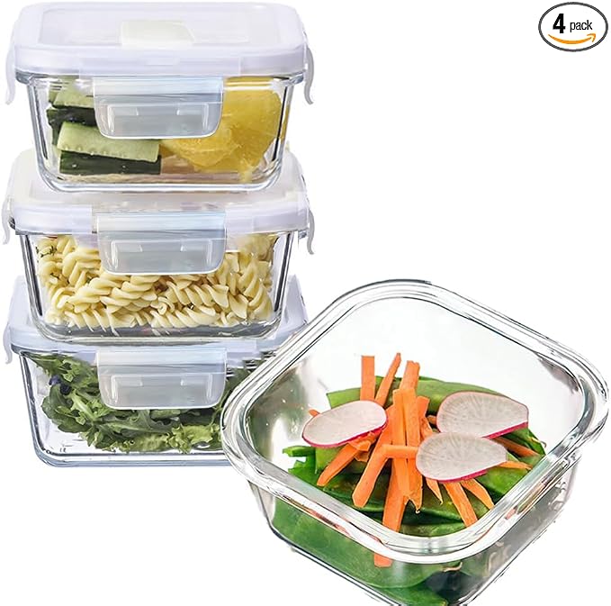 2 Cup Square Glass Food Storage Containers, Small Square Storage Containers With Airtight Lids Leak-proof, BPA free 16oz Glass Meal Prep Bowls, Dishwasher, Microwave, Freezer Safe (White)