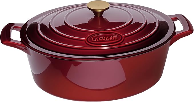 La Cuisine Enameled Cast Iron Oval Dutch Oven Casserole Dish Pot with Lid 5 QT Internal Matt Black Enamel Coating, Cranberry, Gold-Plated Stainless Steel Lid Handle, Oven Safe