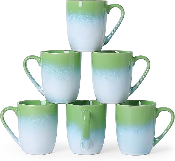 MONITO 14 OZ Coffee Mugs Set of 6, Large Ceramic Blue Coffee Mugs Set with handle for Tea/Latte/Milk/Cocoa, Funny Tea Cups for Office and Home, Engagement Gifts. (White-green)