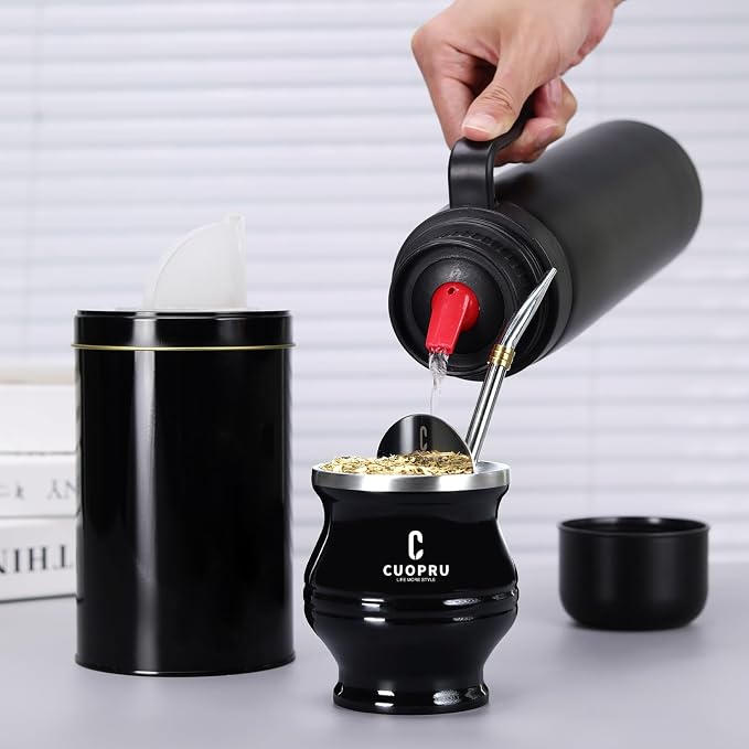 Cuopru Premium Stainless Steel Yerba Mate Kit, Gourd, 33.8oz Insulated Bottle, Container, Bombilla, Cleaning Brush, Tea Filter Set, Matte Black