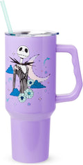 Silver Buffalo Disney Nightmare Before Christmas by Tim Burton Jack Skellington Double Walled Stainless Steel Tumbler with Handle and Straw, Fits in Standard Cup Holder, 40 Ounces