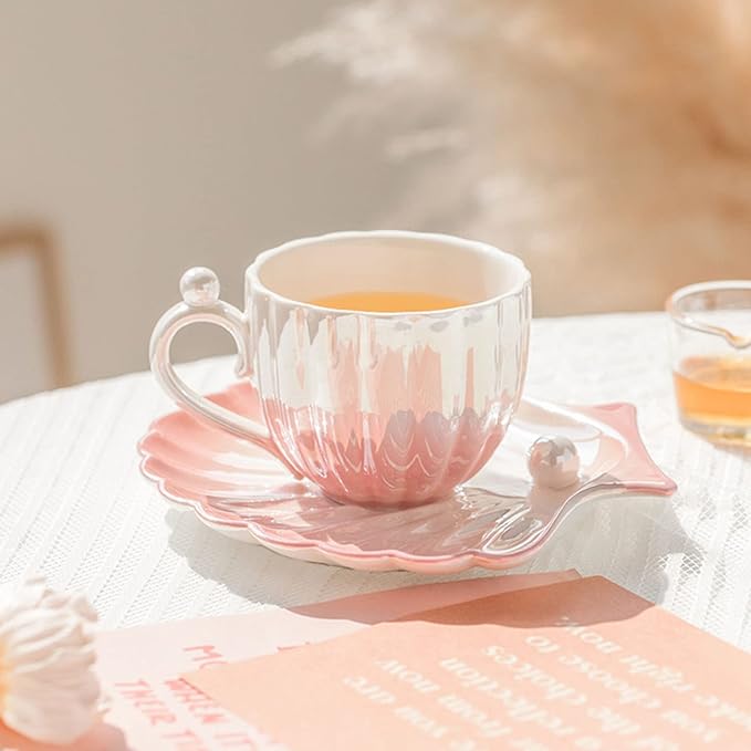 Pearl Shell Cup and Saucer - 8oz Gradient Ceramic Coffee Mug, Vintage Tea, Cappuccino, Latte Art for Birthday Gift (Gradient Pink)